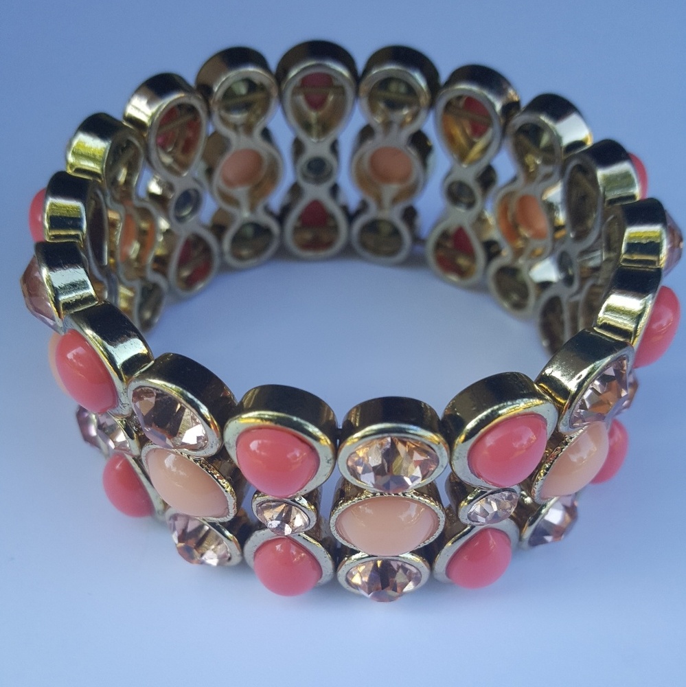 💲🩷⬇️ Fashion Jewelry| Coral & Rose Gold Statement Bracelet Stretchy OS